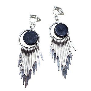 Long Bohemian Metal Tassel Earrings SilverTone With Black Center Stone - Clip On